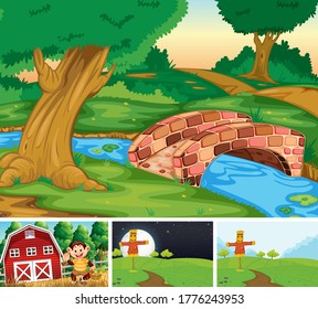 Set of farm scene cartoon style illustration