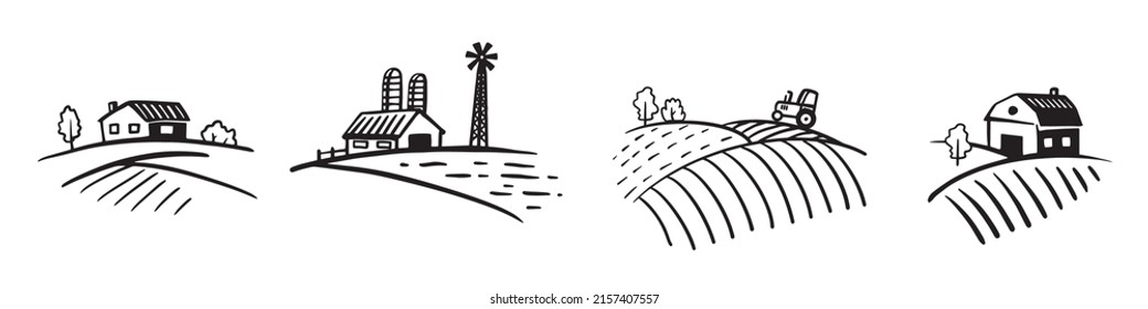 Set of farm scenery with trees, barn, windmill and tractor. Vector line isolated illustration for farm products package or background design.