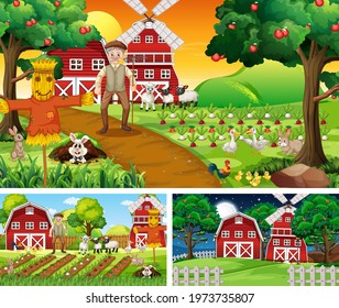 Set of farm scenes at different times illustration