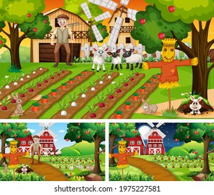 Set of farm scenes at different times illustration