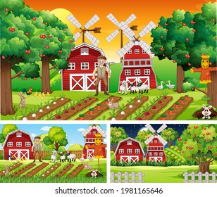 Set of farm scenes at different times illustration
