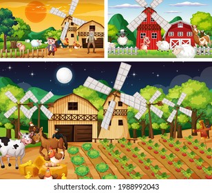 Set of farm scenes at different times illustration