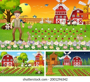 Set of farm scenes at different times illustration