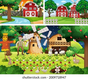 Set of farm scenes at different times illustration