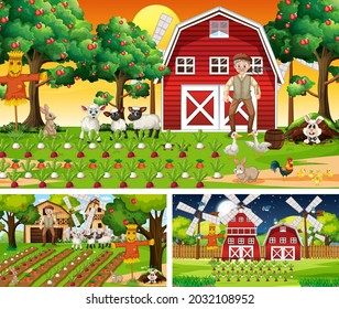 Conjunto de escenas de la granja en la ilustración de momentos diferentes