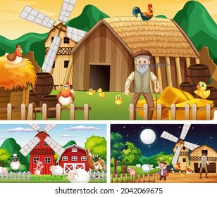 Set of farm scenes at different times illustration