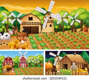 Set of farm scenes at different times illustration