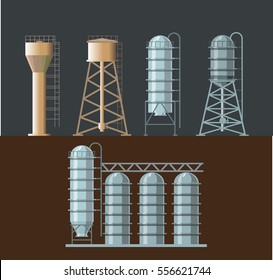 Set of farm structures - water towers and grain elevator. Vector illustration