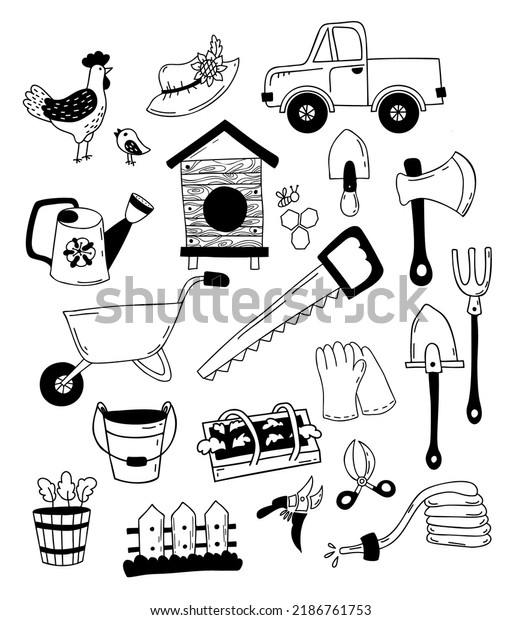 Set farm tools and agriculture. Truck, beehive,\
garden tools, shovel, wheelbarrow, saw, watering can, axe, rooster,\
chicken, garden hose, greenhouse and wooden fence. Vector isolated\
hand drawn doodle