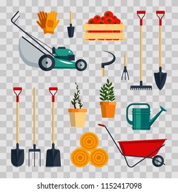 Set farm tools flat-vector illustration. Garden instruments icon collection on transparent background. Farming equipment