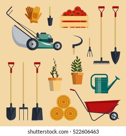 Set farm tools flat-vector illustration. Garden instruments icon collection isolated on white background. Farming equipment.