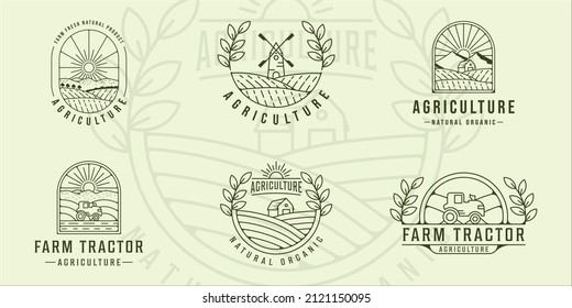 set of farm tractor agriculture line art logo vector illustration template icon graphic design. bundle collection of various landscape view with typography badge