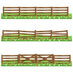 Set Of Farm Wooden Fences Isolated On White Background With Grass And Flowers.Fits As Scene Elements For Cartoon Or Game Asset. Vector Illustration.