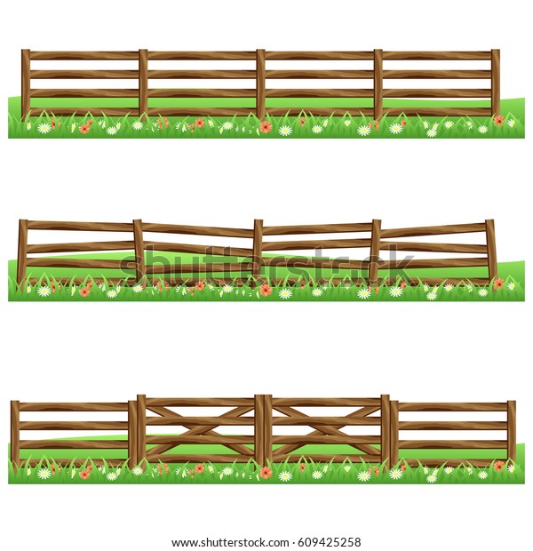 白い背景に草と花を持つ農業用の木の柵のセット 漫画やゲームアセットのシーンエレメントとして使用できます ベクターイラスト のベクター画像素材 ロイヤリティフリー