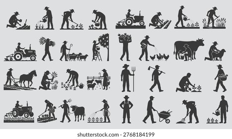 Set of farmer activity silhouettes, depicting various agricultural tasks from planting and harvesting to livestock management, essential for representing rural work and food production