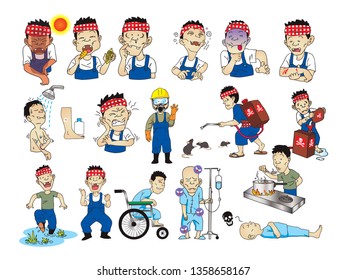 set farmer any action toxic chemical effect vector illustration isolated cartoon