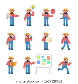 Set of farmer characters showing various poses. Old farmer holding stop sign, document, talking on phone, pointing to idea, running and showing other actions. Flat design vector illustration