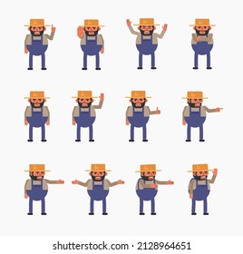 Set of farmer characters showing various hand gestures. Cheerful farmer showing thumb up, greeting, victory sign and other gestures. Modern vector illustration