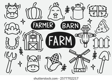 set of farmer doodle good for background, wallpaper, icon, element design, print design, etc