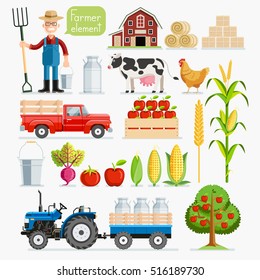 Set of farmer element. Farmer and Farm animals. Vector illustrations.