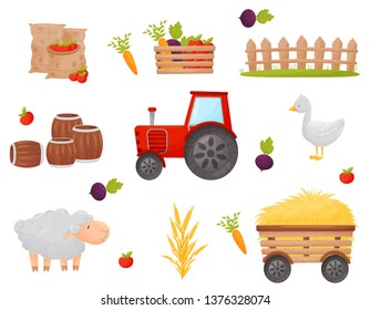 Set of farmer element. Vegetables and Farm animals. Vector illustrations.