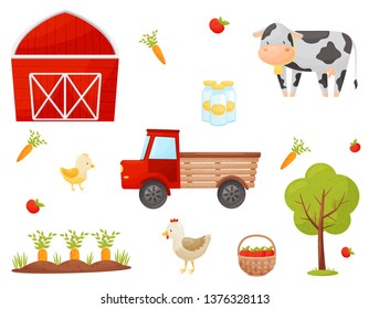 Set of farmer element. Vegetables, fruits, farm animals. Vector illustrations.