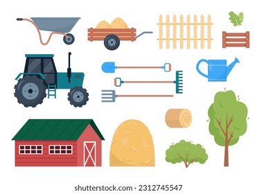 Conjunto de elementos agrícolas. Iconos de herramientas y equipos agrícolas aislados en fondo blanco. Ilustraciones vectoriales.