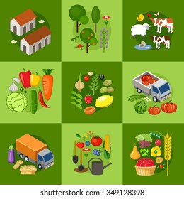set of farmer elements. Fields, animals, plants. Vector illustration