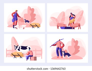 Set of Farmer Everyday Routine. People Doing Farming Job. Feeding Animals, Milking Cow, Shearing Sheep, Raking Hay. Male and Female Characters Working with Cattle. Cartoon Flat Vector Illustration