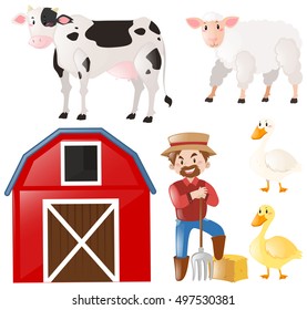 Set with farmer and farm animals illustration