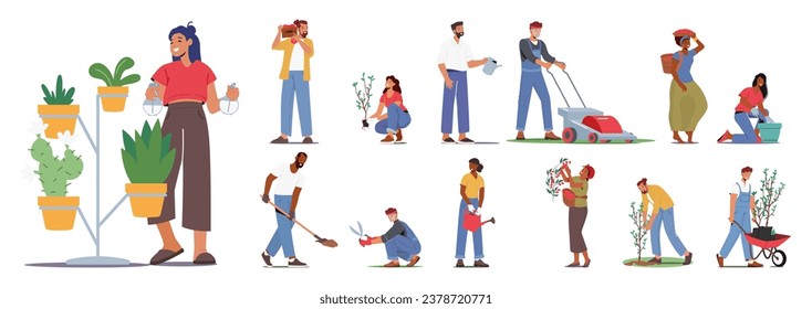 Set of Farmer or Gardener Characters Gardening, Nurturing Plants, , Fostering Blossoms. Men and Women Planting, Watering and Growing Trees and Houseplants. Cartoon People Vector Illustration