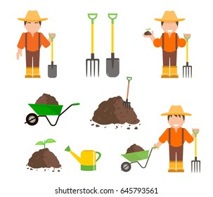 Set of farmer and gardener with shovel and pitchfork. Wheelbarrow with organic fertilizer, pile of ground or compost. Gardening tools. Vector illustration flat design