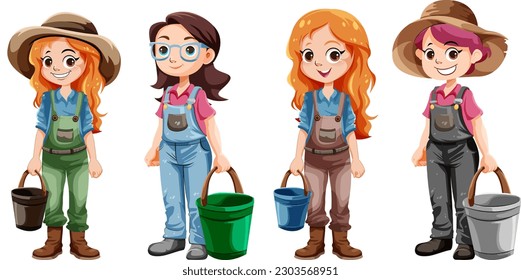 Set of farmer girl cartoon character illustration