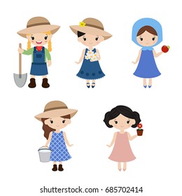 Set of farmer girls on white background. Farmers girls made in cartoon style.