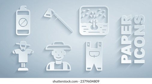 Set Farmer in the hat, Automatic irrigation sprinklers, Scarecrow, Garden worker clothes, hoe and sprayer for fertilizer icon. Vector