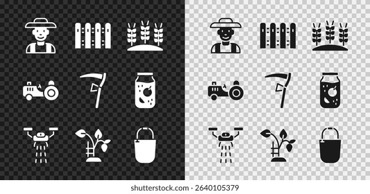 Set Farmer in the hat, Garden fence wooden, Wheat, Smart farm with drone, Strawberry bush, Bucket, Tractor and Scythe icon. Vector