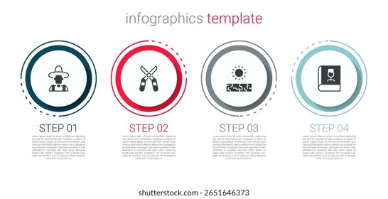 Set Farmer in the hat, Gardening scissors, Drought and Book about wine. Business infographic template. Vector