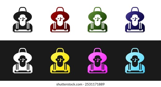 Conjunto Granjero en el icono de sombrero aislado en el fondo blanco y negro.  Vector