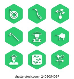 Set Farmer in the hat, Plant, Rooster weather vane, Wheelbarrow with dirt, Scarecrow, Garden hoe,  and hose icon. Vector