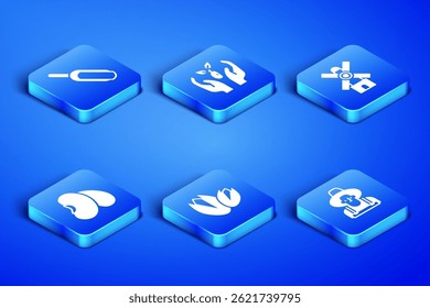 Set Farmer in the hat, Scoop flour, Pistachio nuts, Beans, Plant hand and Windmill icon. Vector