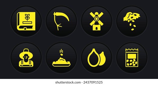 Set Farmer in the hat, Seed, Pumpkin seeds, Windmill, Scythe, Pack full of of plant and Book about icon. Vector