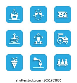 Set Farmer in the hat, Wine tasting, degustation, Bottle of wine, Tractor, Bunch grapes, italian fiasco bottle, Cheese and Old icon. Vector