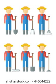 Set of farmer man dressed in boots, hat, overalls, shirts with gardner equipment. Objects isolated on background. Flat and cartoon vector illustration.