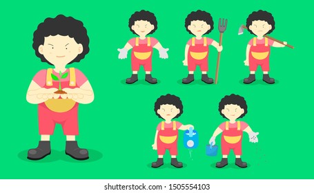 set of the farmer man standing for plant and fill fertilizer and watering a tree and holding the agriculturist equipment. character design. vector illustration eps10