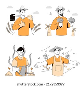 Set of farmer man or worker in hat Harvest agriculture in cartoon character, vector illustration