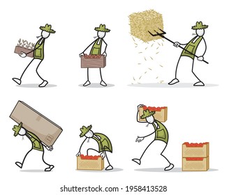 Set of farmer at outdoor activities in different poses. Print vector illustration