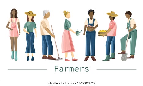 Set of farmer people with different occupations and outfit. Shovel, rake, carrying peppers. Isolated background. Agriculture idea vector
