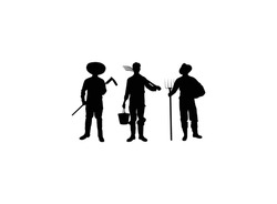 Set Farmer Silhouette Vector Illustration. Vector Silhouette Of A Man With Garden Tools. The Farmer Standing And Posing With Hoe. Man With Pitchfork And Buckets. 