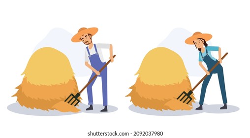 Set Of Farmer Is Sweeping Straw Near Haystack.Flat Vector 2d Cartoon Character Illustration.