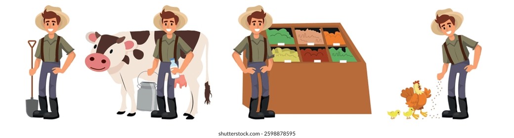 Set of farmer in various activities, farm worker with cow, rural area work, vector illustration.
